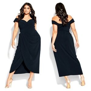 New City Chic Womens XL 22 dress navy blue Ripple Love off the Shoulder Maxi